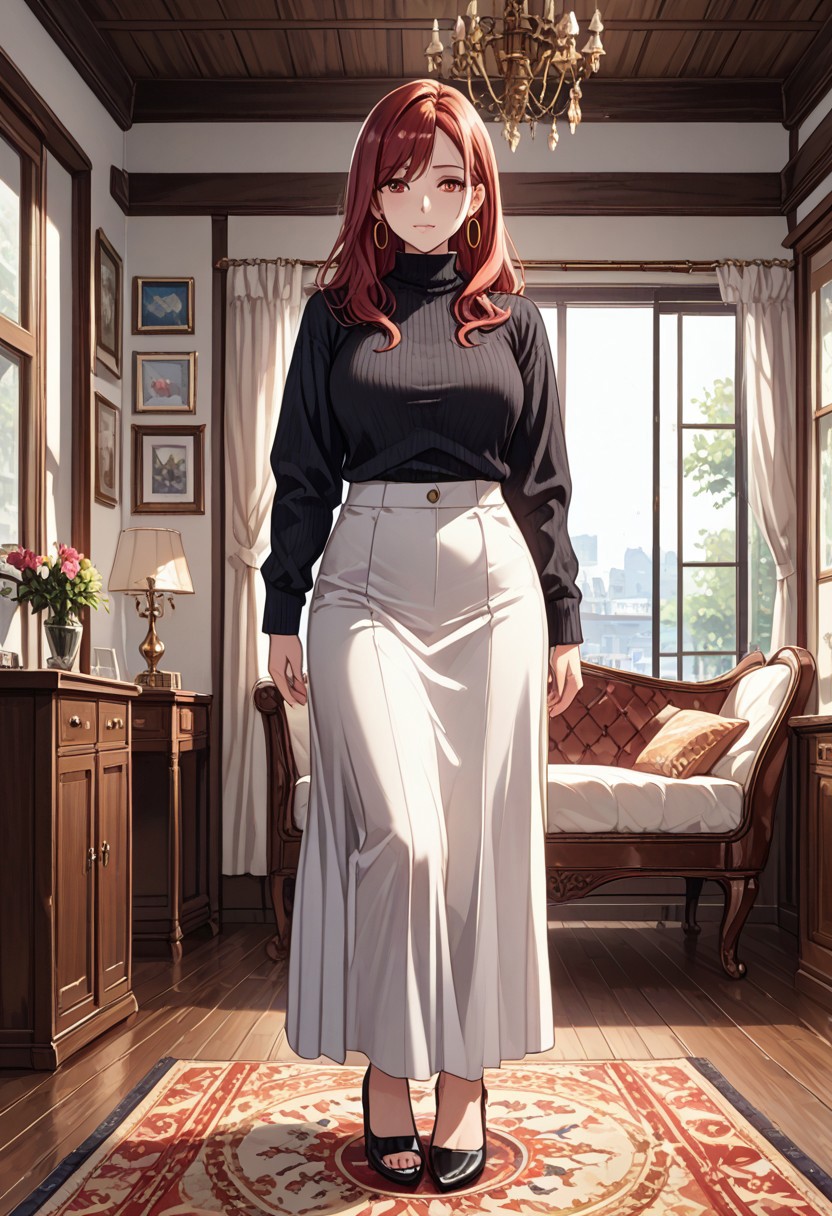 score_9, score_8_up, score_7_up, (masterpiece, detailed:1.2), (best quality:1.2), (High Resolution), (More Details), (8K), (High Resolution), female focus, sharp focus, newest, ultra-detailed, 1girl, solo, mature woman, milf, long hair, red hair, red eyes, large breasts, jewelry, earrings, sweater, turtleneck, hoop earrings, black sweater, white skirt, full body, various expressions, various poses, front view, dinning room, house