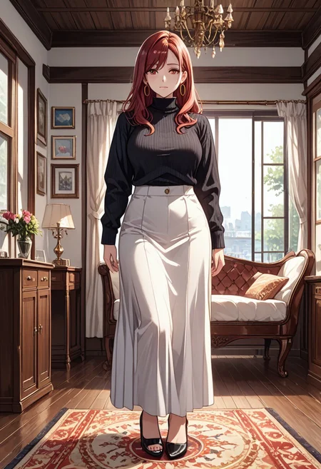 score_9, score_8_up, score_7_up, (masterpiece, detailed:1.2), (best quality:1.2), (High Resolution), (More Details), (8K), (High Resolution), female focus, sharp focus, newest, ultra-detailed, 1girl, solo, mature woman, milf, long hair, red hair, red eyes, large breasts, jewelry, earrings, sweater, turtleneck, hoop earrings, black sweater, white skirt, full body, various expressions, various poses, front view, dinning room, house