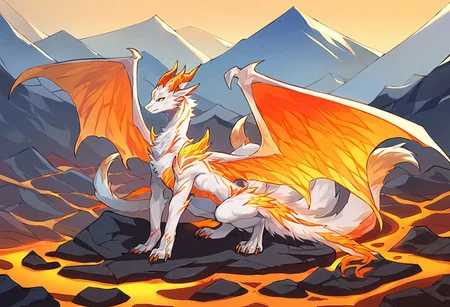 score_9, score_8_up, score_7_up, score_6_up, source_anime, 1boy, solo, dragon, fox, white fur, paws, orange markings, fiery bird wings, orange dragon horns, glowing yellow eyes, multiple tails, nine tails, mountains, lava, on all fours, regal, wings spread out,