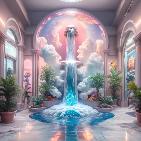 score_9, score_8_up, score_7_up, <lora:VaporwavePonyV2:1> ArsMJStyle, Vaporwave, ArsMJStyle, Mall Fountain Dreams, The image depicts a mall fountain transformed into a vaporwave dreamscape. The water is a cascade of pink gradient, statues are glitching mannequins. Neon signs reflect in the pool's surface, while potted plants are low-poly renders. Coins in the fountain are replaced by floppy disks., no humans, fountain, mall, gradient, mannequin, neon sign, low-poly, reflection, retro tech, surreal, digital art, glitch effect