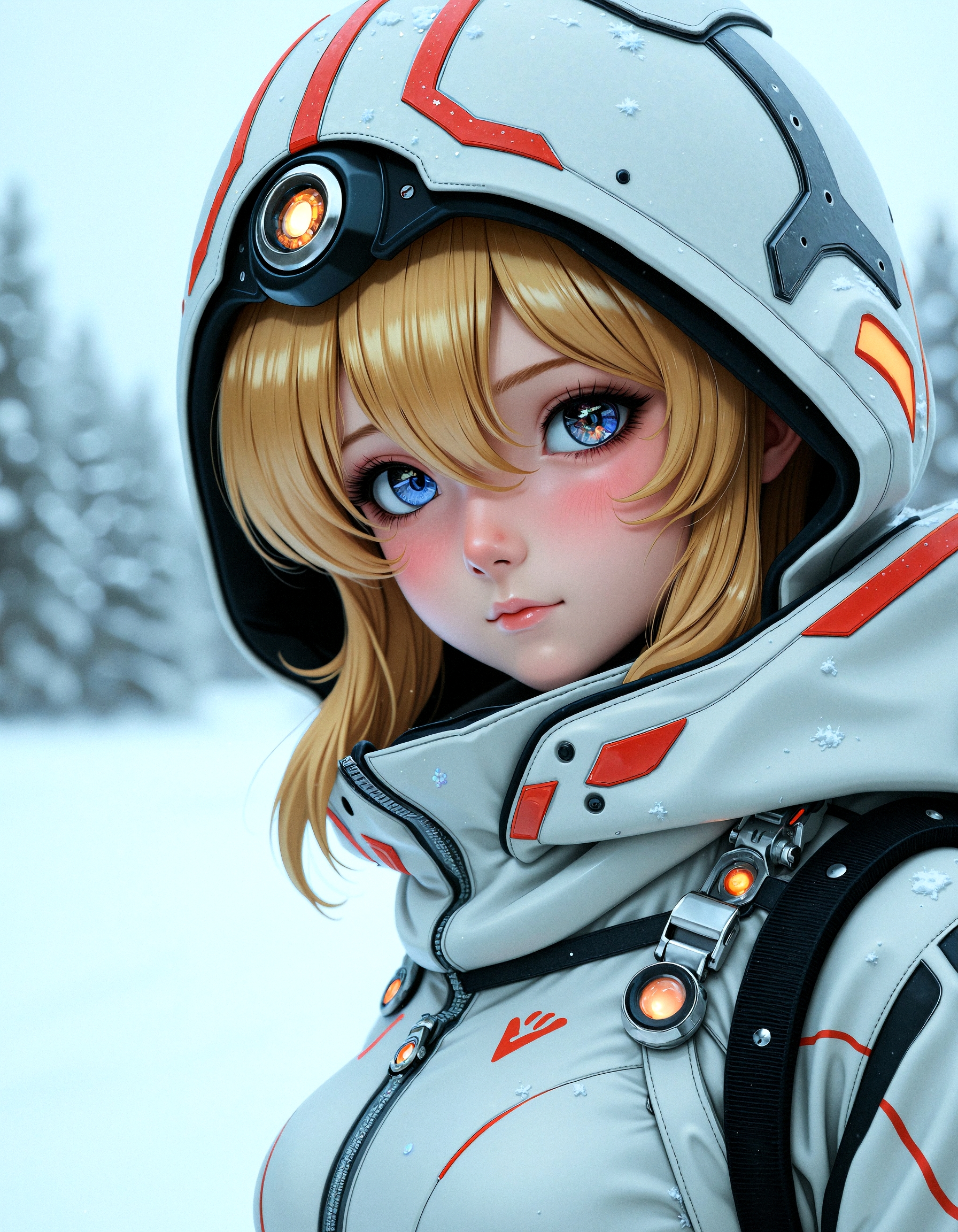 modernretroanime, 
 A hyperrealistic anime-style close-up shot of a young woman wearing a high-tech white exosuit. Her hood frames her face, and her blonde hair peeks out in loose strands. The exosuit is intricately designed with red markings and illuminated accents, with precise textures on metal and fabric. Her hands are not visible in this composition. The snowy background adds soft contrast, creating an atmospheric, otherworldly vibe. The art style focuses on ultra-detailed rendering with soft lighting gradients.
 <lora:FluxDFaeTasticDetails:0.3> <lora:Modern-Retro_Anime-FLUX:0.8> <lora:bustyFC-2.1:0.5>