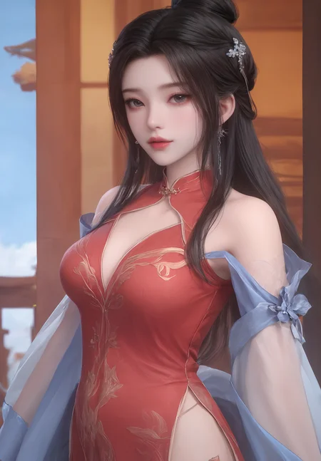 looking_at_viewer,cowboy_shot,(w_arms:1.4),1girl,solo,dress,(face light:1.5),hair ornament,portiart,from front,masterpiece,(best quality),official art,extremely detailed cg 8k wallpaper,((crystalstexture skin)),(extremely delicate and beautiful),solo,photo_\(medium\),hiqcgbody,chinese background,(smile:0.8),red cheongsam,eye-contact,jewelry,long hair,<lora:limuwan_V1:1>,