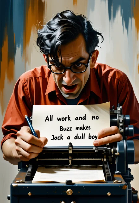 A crazy man writing on a writing machine. on the paper there's written "All work and no Buzz makes Jack a dull boy"