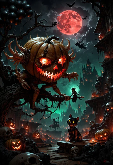 A sinister jack-o'-lantern with flames flickering from its eyes, with a black cat at its feet.
