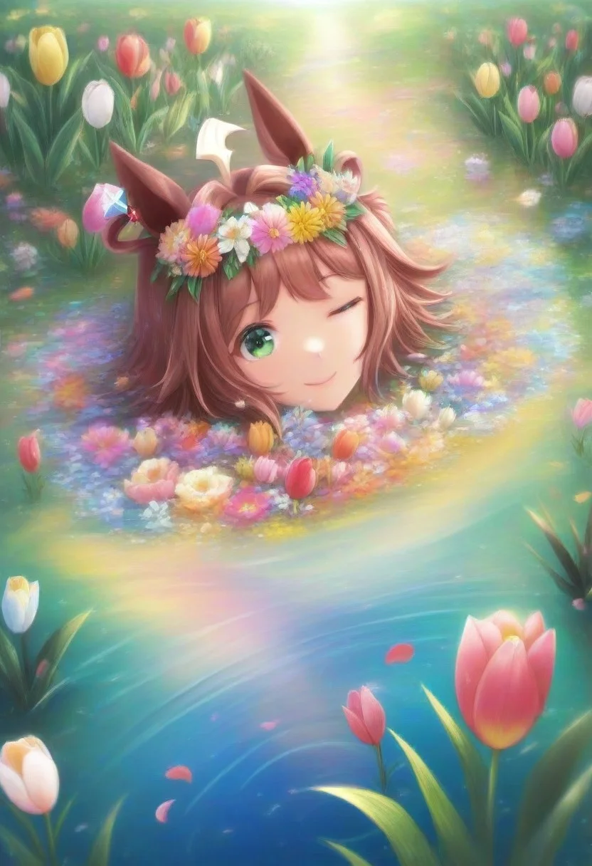 (umamusume, rhein_kraft_(umamusume), horse_ears, horse_girl, tail, 1girl, ahoge, animal_ears,)
casual, Tulip,Tulip flower, Tulip flower_field,
head_wreath, looking_at_viewer, solo, aesthetic, absurdres, symmetric , , g0ldsw0rthy,
(realistic, photo, artistic, medium_hair, one_eye_closed, petals, relaxing, smile, spiralling vortex made of multicoloured tulips, lush foliage sunrise, ripples, reflective, jaynl-tm, rainbow,green_eyes, hair_between_eyes, hair_ornament, : 0.7)