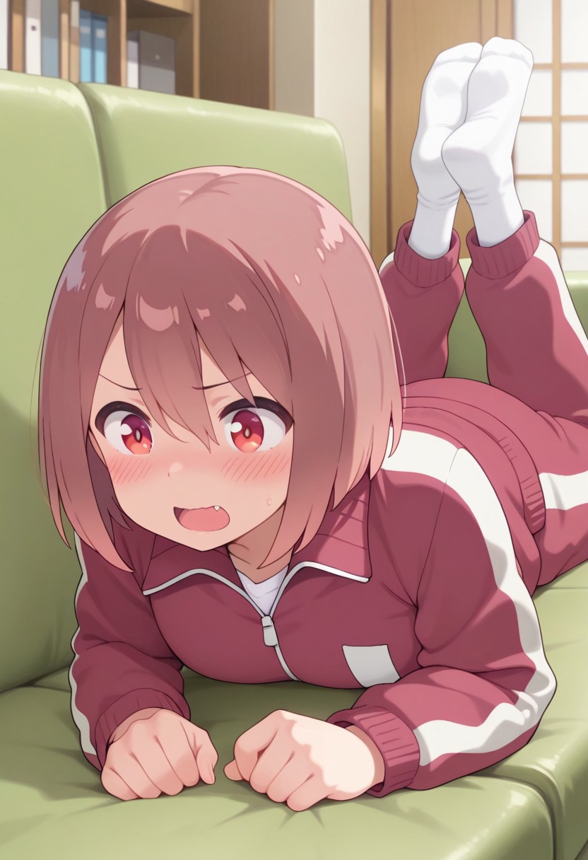 masterpiece,best quality,amazing quality, hoshino miyako, short hair, brown hair, red eyes, 1girl, track suit, solo, jacket, lying, socks, on stomach, track jacket, couch, white socks, blush, indoors, open mouth, legs up