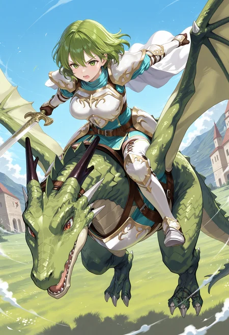 SmoothNoob_Quality,masterpiece,outdoors,sky,flying,full body,1girl,1other,solo,large breasts BREAK wyvern rider,dragon riding,knight,green dragon,flying,breastplate,open mouth,shoulder armor,pegasus knight uniform \(fire emblem\),<lora:wyvern rider-NAI:1>,<lora:NOOB_vp1_detailer_by_volnovik_v1:1>,holding sword,fighting stance,open mouth,charging forward,incoming attack,