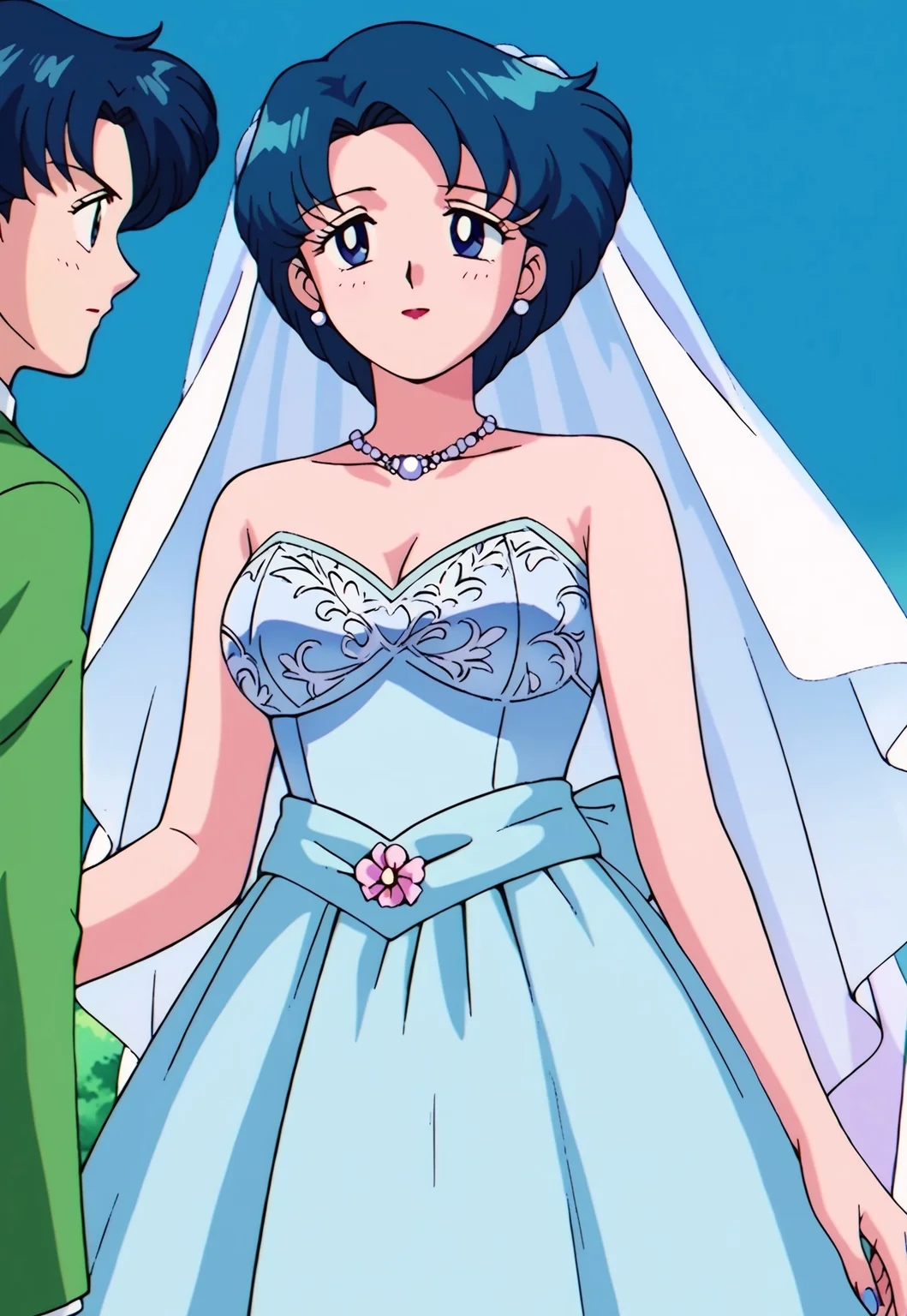 score_9, score_8, score_7, source_anime, wedding dress, ami mizuno, blue eyes, blue hair, short hair, parted bangs, mature female