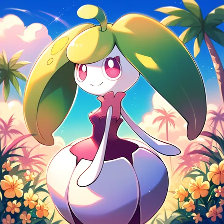 score_9_up, score_8_up, score_7_up, score_6_up, best quality, source_anime, blue background, detailed background, palm trees, grass, flowers, BREAK 1girl, solo, steenee, pokemon, flora fauna, green hair, long hair, purple eyes, white head, purple dress, white skirt, white arms, wide hips, looking at viewer, smile, portrait, close up, waist up, side view, <lora:PDXL_Steenee_PKMN:1>