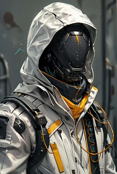score_9, score_8_up, score_7_up,score_6_up, score_5_up, score_4_up, BREAK
techwear, <lora:TechWearPony:0.8>,
, hood, science fiction, solo, upper body, cable,white jacket,robot mask