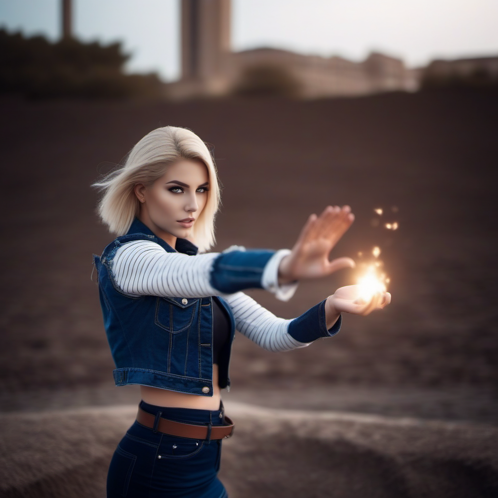 cinematic photo a platinum woman, beach, jean jacket, black tights, jeans miniskirt, brown boots, casting a dramatic spell from her hand <lora:Android18-1024:0.8> . 35mm photograph, film, bokeh, professional, 4k, highly detailed