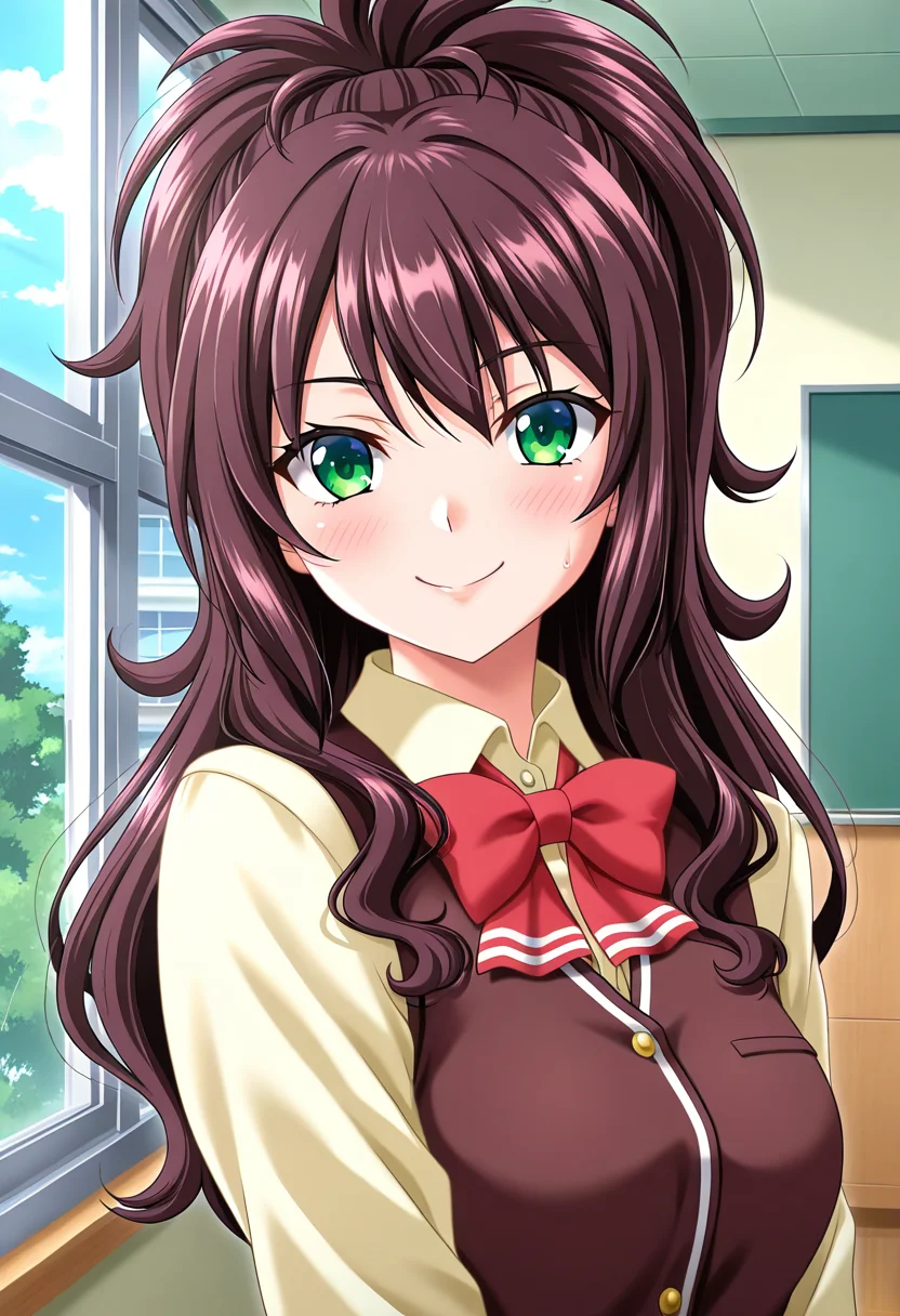 masterpiece, best quality, amazing quality, absurdres, 1girl, solo, (portrait:1.2), azusaww, green eyes, brown hair, long hair, wavy hair, high ponytail, medium breasts, school uniform, red bowtie, brown vest, yellow collared shirt, looking at viewer, smile, indoors, day, skindentation, detailed clothing folds, depth of field, sharp, high contrast, dynamic light <lora:Shinjou_Azusa_Himegoto:0.8>