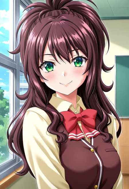 masterpiece, best quality, amazing quality, absurdres, 1girl, solo, (portrait:1.2), azusaww, green eyes, brown hair, long hair, wavy hair, high ponytail, medium breasts, school uniform, red bowtie, brown vest, yellow collared shirt, looking at viewer, smile, indoors, day, skindentation, detailed clothing folds, depth of field, sharp, high contrast, dynamic light <lora:Shinjou_Azusa_Himegoto:0.8>