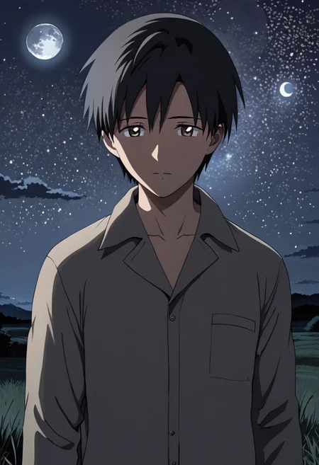 high resolution, solo, best quality, 1Boy, Takaki Toono, Brownish Hair, Brown Eyes, open space, night sky, moon, OverallDetail