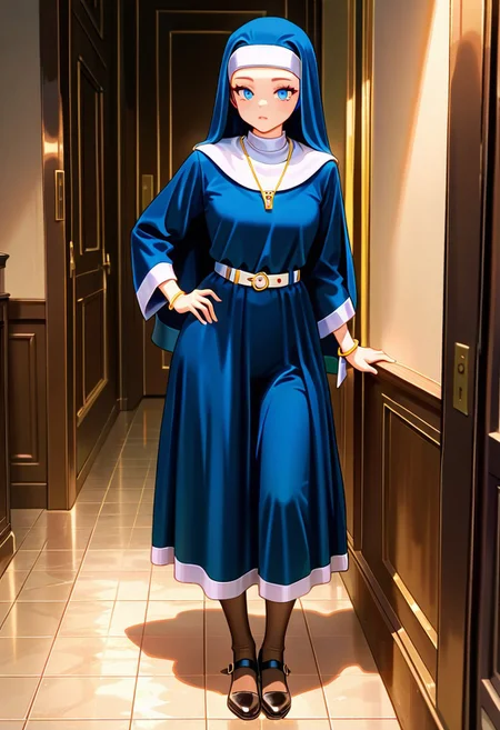 masterpiece, best quality, amazing quality, very aesthetic, absurdres, newest, fayeffl3, 1girl, long blue habit, gold necklace, gold bracelets, blue eyes, white belt, black pump shoes, pantyhose, standing, full body