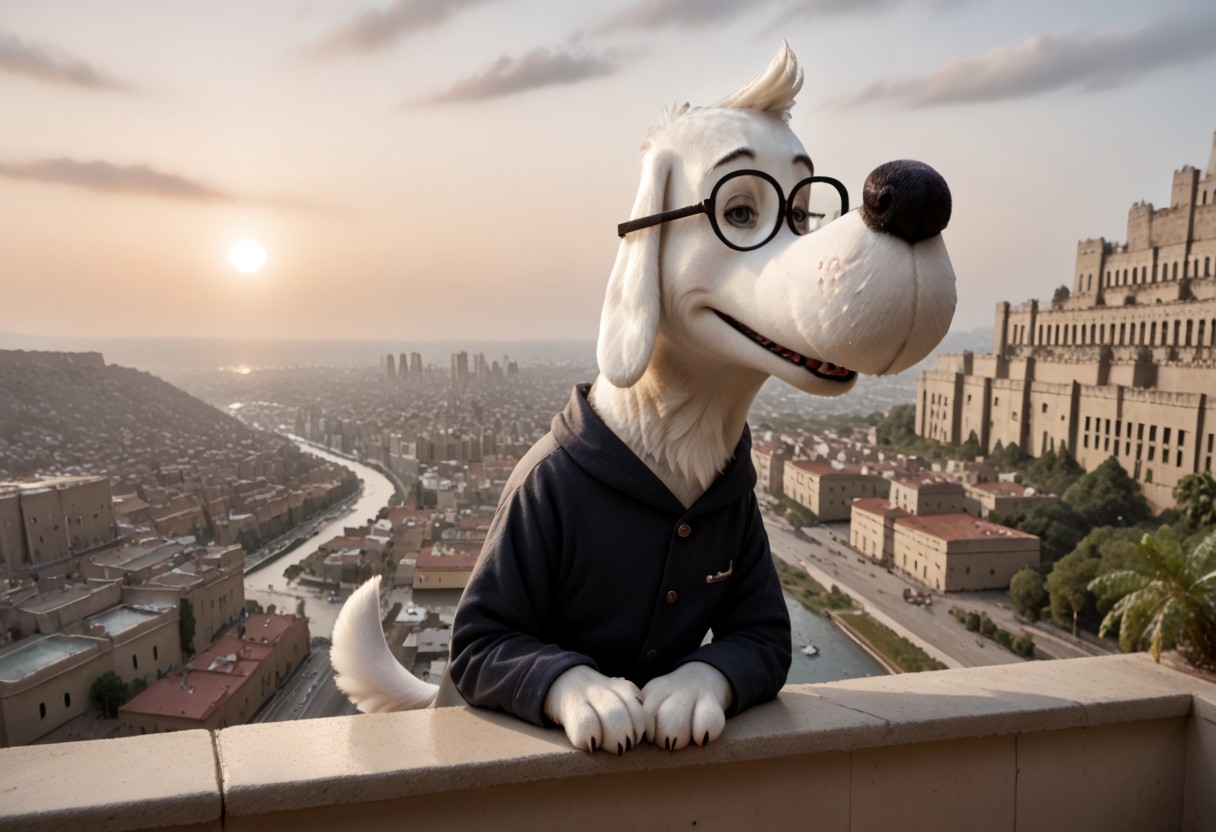 (((Barefoot furry character, cinematic setting, furry male, upper body, correct anatomy))) 
(((Sumerian, scenery, building, city, cityscape, monumental architecture))), view from behind on Mr Peabody standing on the balcony, looking at the sumerian city in front of him, leaning on the railing. Mr Peabody, (((black pajama))), (((white dog))), glasses, small dog snout, tall body, small head, sunset
BREAK, intricate details, highly detailed, extreme detail, octane render, fine art, best quality, highres, (detailed face:1.5), UHD, (((perfect hands))),