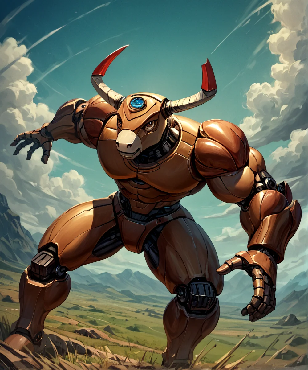 score_9, score_8_up, score_7_up,
<lora:Mumbo_Jumbo_(Silverhawks)_(Pony)_(AD):1> Mumbo Jumbo, Silverhawks_cartoon, robot, muscular, gold chrome, copper chrome, bronze chrome, metal body, horns, brown eyes,
8K, In'ei, chiaroscuro, depth of field, clear_eyes,
perfect hands, perfect proportions, peak physical perfection, perfect male physique, powerful muscular body,
dynamic pose, detailed anime background, detailed photographic fluffy anime clouds, masterclass anime, smooth metal body, bull robot, full metal body,
BREAK zPDXL, zPDXLxxx,