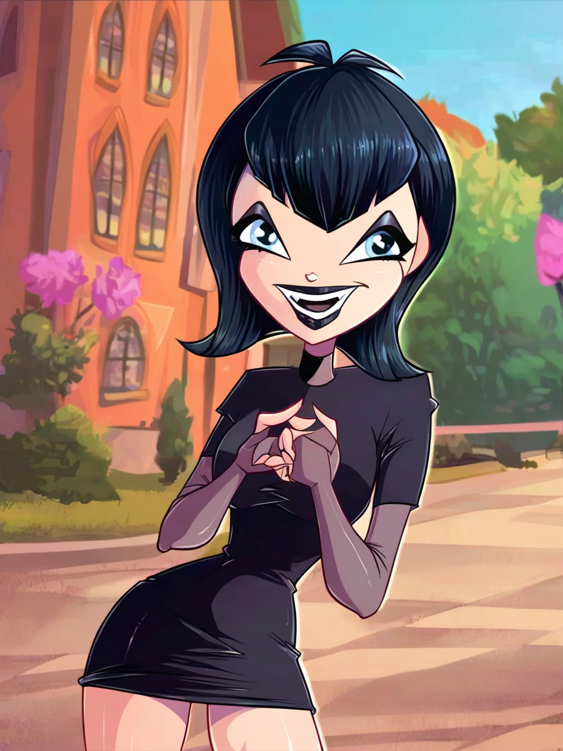 <lora:WinxStyle:1> w_st, <lora:Mavis_Dracula:0.9> m_d, 1girl, vampire, black hair, blue eyes, goth makeup, score_9, score_8_up, score_7_up,