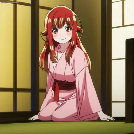 aoi yuzuki , pink kimono , full body , standing , leaning forward , cute face , smile