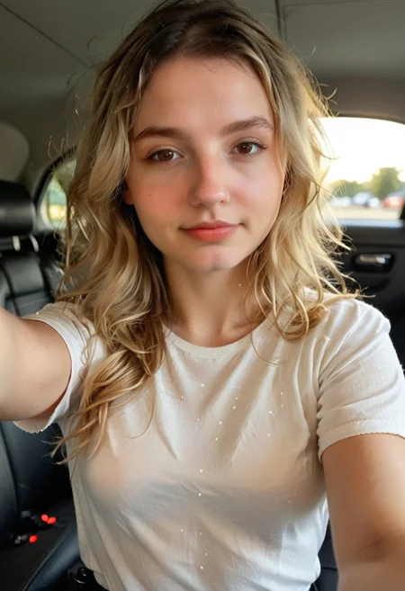 score_9, score_8_up, score_7_up, incredibly cute, MarissaMidwest, curvy, blonde hair, wavy hair, pale skin, brown eyes, (shallow depth of field:1.4), Chiaroscuro Lighting Style, partially covered in shadow, shameless pose, (((cop car))), (((selfie))), dim light, (lens flare:.4), (cinematic bokeh:1.2), lifting shirt, (((police woman)))