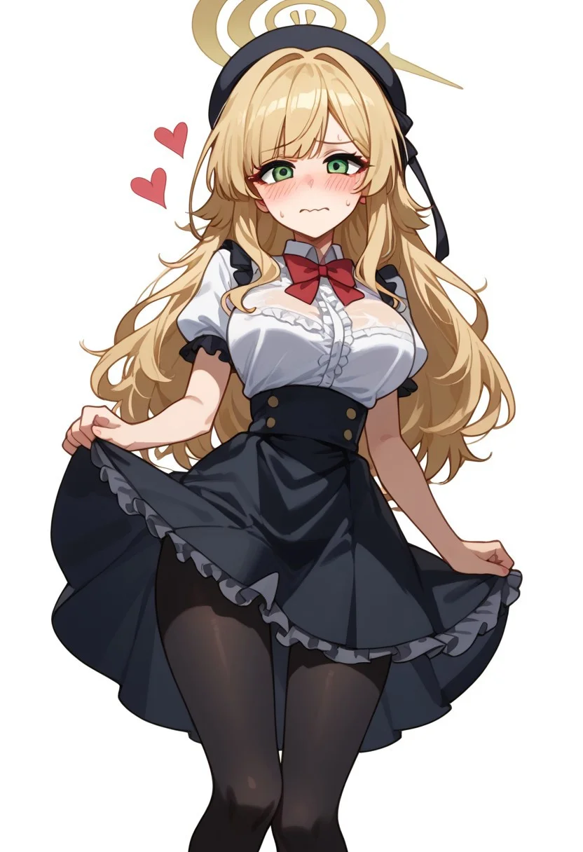 score_9, score_8_up, score_7_up, score_6_up, source_anime, easynegative, Expressiveh,
simple background, white background,
zPDXL, <lora:Perfect Hands:1> Perfect Hands, <lora:PerfectEyesXL:1> perfecteyes, BREAK
1girl, halo, long hair, messy hair, sidelocks, blonde hair, green eyes <lora:Professor_Niyaniya:0.8>,
<lora:hotaru-shidare-s2-ponyxl-lora-nochekaiser:1> large breasts,, skirt, pantyhose, high heels, black pantyhose, high-waist skirt, shirt, frilled shirt, bowtie, red bowtie, puffy sleeves, short sleeves, skirt, pantyhose, high heels, black pantyhose, high-waist skirt, shirt, frilled shirt, bowtie, red bowtie, puffy sleeves, short sleeves,
eyeshadow, eyelashes, cute round face, hearts, cute, sweat, slim waist, wide hips, embarrassed, closed mouth, wavy mouth,