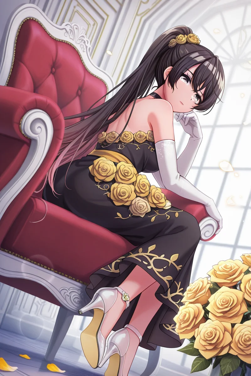 masterpiece, best quality, amazing quality,
<lora:Shano_IL:1> shano, 1girl, dress, gloves, flower, elbow gloves, high heels, long hair, solo, sitting, white gloves, black hair, yellow flower, shoe soles, petals, yellow rose, high ponytail, rose, ponytail, bangs, indoors, lens flare, falling petals, looking at viewer, black dress, on chair