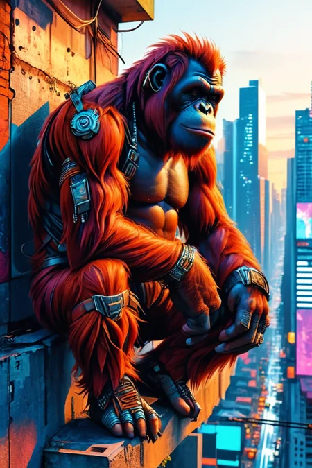 Detailed digital illustration of an anthro Orangutan (Leaning casually against wall) at a Aerial view of cyberpunk city at dusk, <lora:xl_more_art-full_v1:0.5>,  <lora:anthro_muscular:0.7>,  <lora:MJ52:0.6>, <lora:madpunk:0.4> madpunk