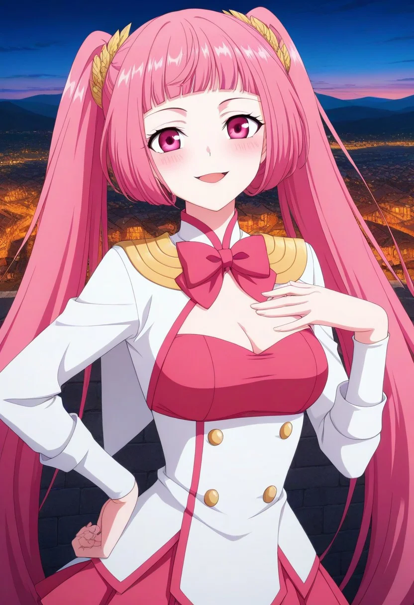 1 girl, solo, pink hair, pink eyes, very long hair, twintails, bangs, blunt bangs
white dress, cleavage, pink miniskirt, cleavage cutout, pink bow, pink bowtie, pleated skirt, high heels, clothing cutout, long sleeves, sailor collar, pink tube top, tube top,
smile, devil smile,
medium breasts, one hand on own chest,
solo,
upper body, portrait, blush, (portrait:1.1),
hair ornament,
one hand on own hip,
(short female:1.5), outdoors, (front view:1.5), standing, town, landscape, draft, painting, looking at viewer, opened mouth, portrait, official art clothes, sunset, night, anime screencap, anime coloring