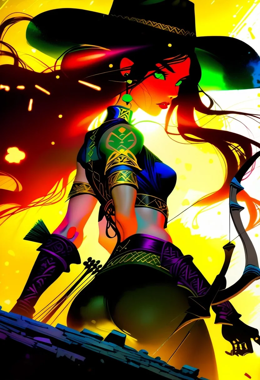 score_9, score_8_up, score_8_up, ((Cinematic composition)),((masterpiece)), (resplendent highlighting), 8k. Photorealistic
1girl, (full body). A beautiful hulking half-orc cowgirl (ribbons of glowing light swirl around her) stands by her horse. (Cowboy hat) cowboy boots, recurve bow on her back and hip quiver. (camera angle from below). ((full body)). (resplendent spotlight on her face). Ominous chaotic atmosphere.
Double exposure.
Ink, Charcoal and colourful oil pastels. impressionistic. faded watercolours (Klimt :1.2) dadaistic collage (by Bill Sienkiewicz:1.5), strikingly alluring face. brilliant spotlight effect. Vibrant thick dripping paint. Intense detail, realistic, dynamic shadows and contrasts. Matte and faded background colours.
surreal, intense colors, liquid, unreal parts, alluring, fluid, perfection, gothic. (Luminous skin dynamically spotlighted), Illustration, (klimt:0.8) (Bill Sienkiewicz:1.5). maximum detail, Chinese watercolor and ink technique. Gold leaf highlights.
<lora:xl_more_art-full_v1:0.4> <lora:epi_noiseoffset2:1>3