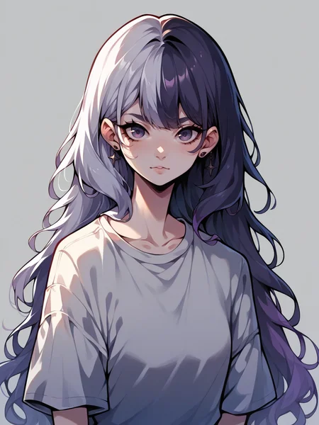 score_9, score_8_up, score_7_up, score_6_up, score_5_up, <lora:spl1th41rXLP:1> spl1th41r, two tone hair, 1girl, long hair, purple grey hair