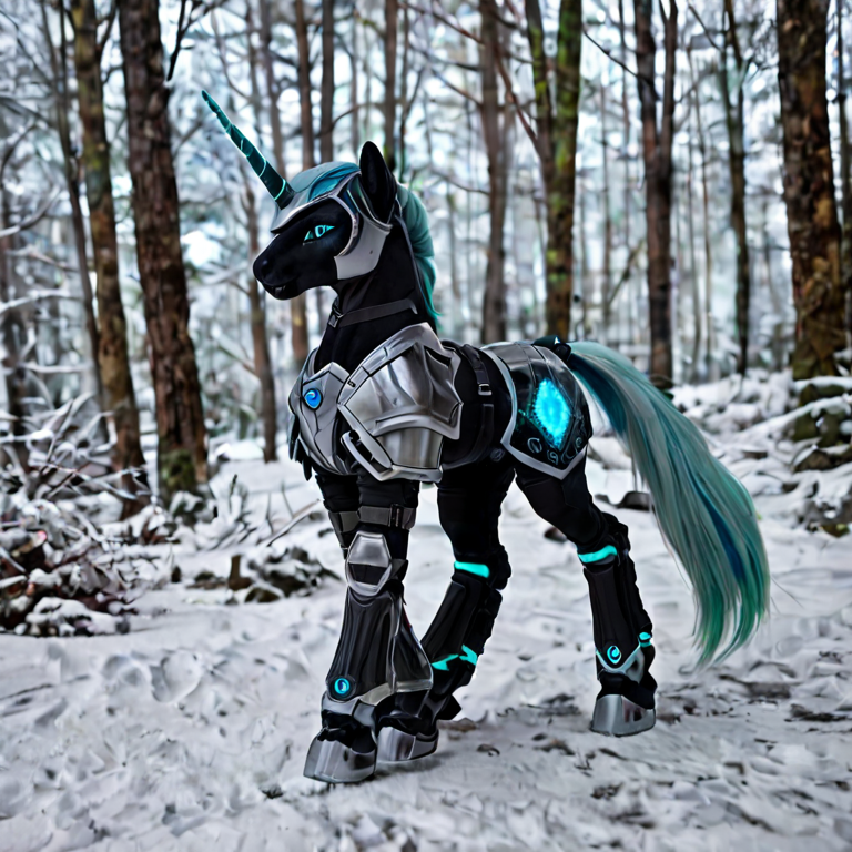Hybrid unicorn with crystalline armor walking through a glowing, futuristic forest"
An elegant and mystical unicorn infused with sci-fi elements, its crystal-like armor reflecting the vibrant hues of a neon forest in the future.