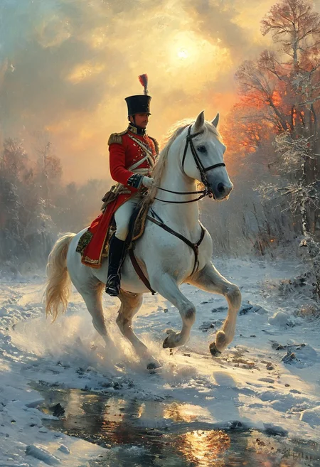 cinematic cinematic napoleonic soldier on a rearing white horse, ice and snow, hundred swords inficted to the ground . Forest.  At sunset, vibring color,  monet,  oil painting, style of Andreas Achenbach