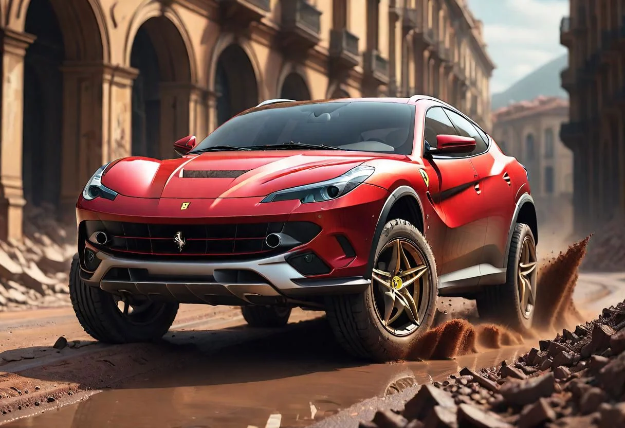 Ferrari SUV on dirty road, trending on artstation, sharp focus, studio photo, intricate details, highly detailed, by greg rutkowski