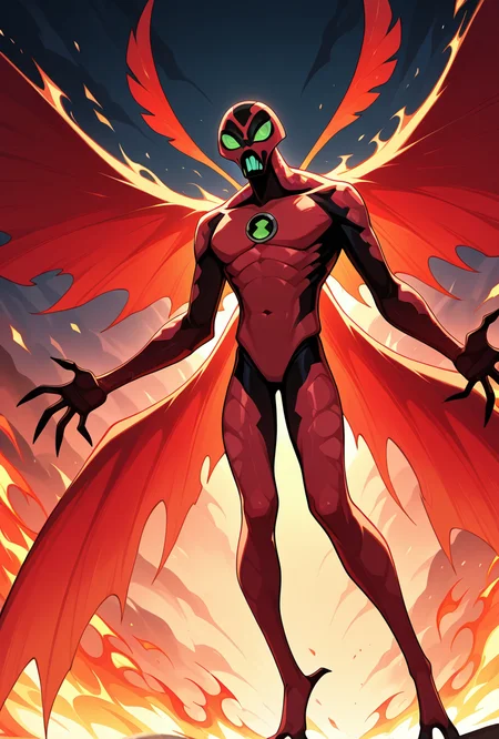 <lora:bigchill-07:1> bigchill, solo, 1boy, green eyes, red skin, no humans, green sclera, teeth, no pupils,,,  red wings, fire wings,, masterpiece, best quality, amazing quality, very aesthetic, absurdres, newest,