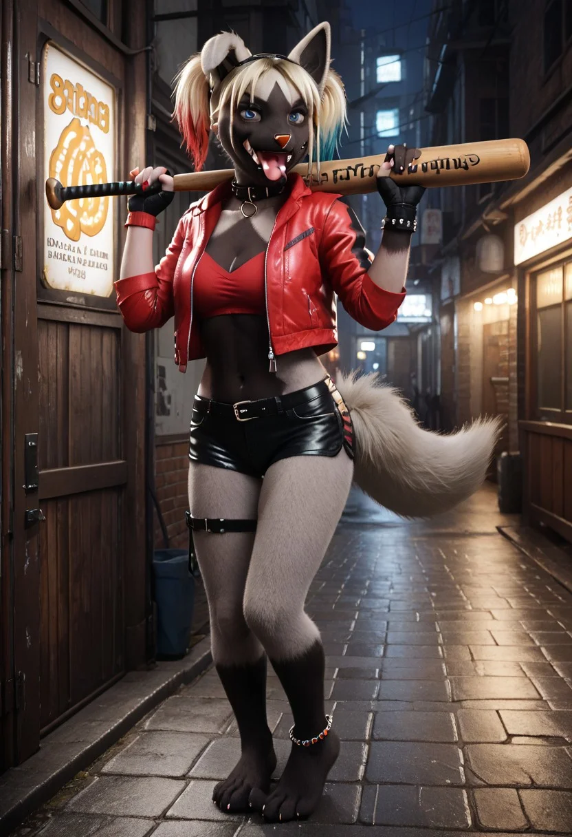 (((Barefoot furry character, full body, cinematic setting, furry female, plantigrade)))
(((poochyena))), anthro, pokemon, no human, cute smile, licking her mouth, dressed in black and red costume of Harley Quinn, (((cosplay))), fingerless gloves, collar, bracelet, anklets, open jacket, black-red jacket, red-black crop top, red-black short shorts, (((holding a wooden baseball bat))), gray fur, night street, neon signs, nice feet paws with claws
BREAK, intricate details, highly detailed, extreme detail, octane render, fine art, best quality, highres, (detailed face:1.5), ((full_body)), UHD, (((perfect hands))), ((low light:1.5))
