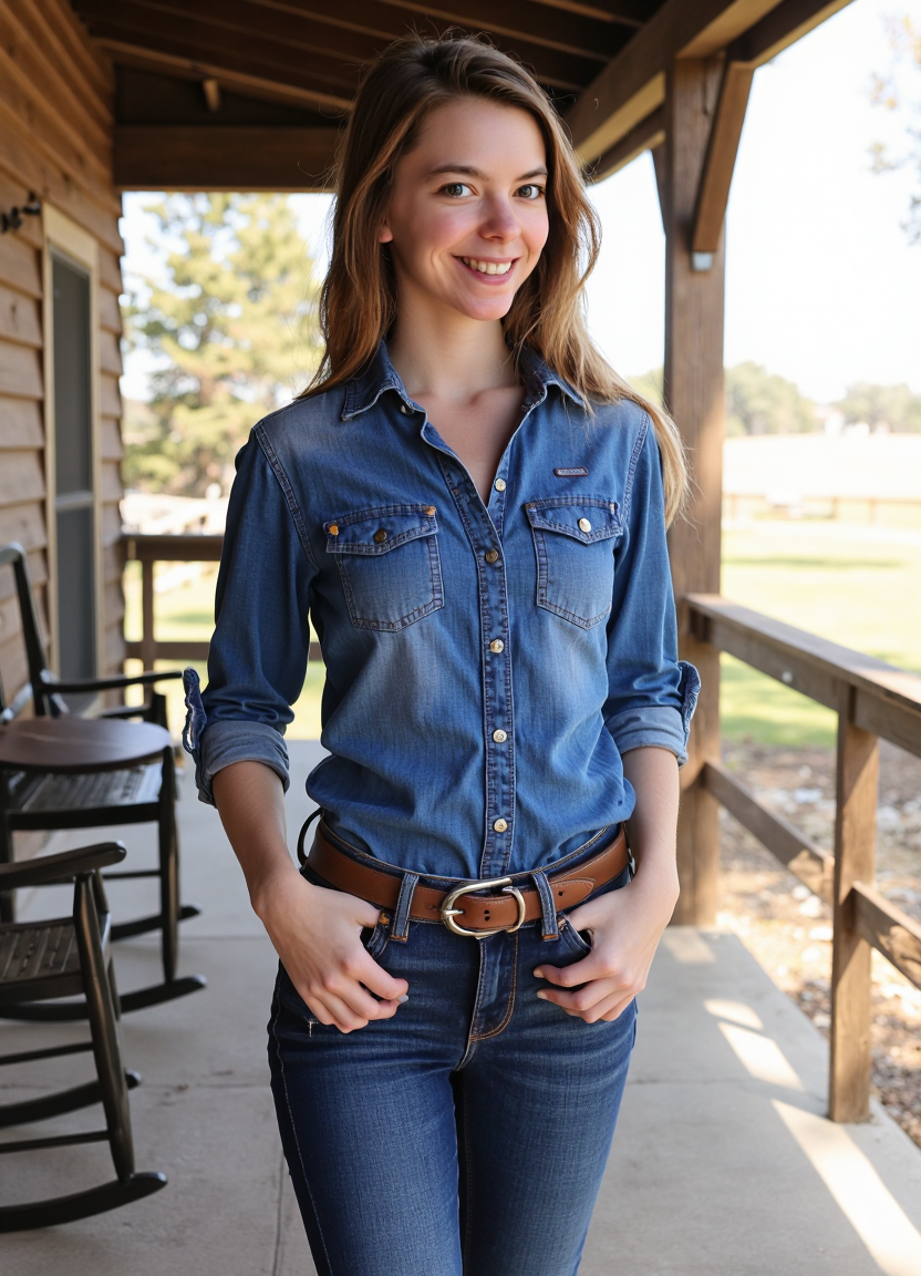 SFW, brightly lit, aidmaimageupgrader, A confident woman posing for a picture on the porch of a ranch, dressed in a stylish yet modest denim outfit. She wears a well-fitted denim button-up shirt with sleeves rolled to her elbows, paired with classic high-waisted denim jeans that complement her figure while maintaining a professional and polished look. A brown leather belt adds a touch of Western charm, and her outfit is completed with sturdy yet stylish cowboy boots.  Her hair flows naturally in soft waves, or is neatly tied back in a low ponytail, giving her a relaxed yet put-together appearance. The setting captures the warmth of the ranch atmosphere, with wooden beams, a rustic rocking chair, and an open landscape in the background. She stands with confidence, gazing into the distance or offering a soft, approachable smile, embodying both strength and elegance in a timeless country-inspired style<lora:turbo-8-step-flux.safetensors:0.0:0.0> <lora:flux\custom\adult\lina-rose.safetensors:1.09:1.09> <lora:turbo-8-step-flux.safetensors:0.5:0.5> <lora:flux\style\Common\aidmaImageUprader-FLUX-v0.3.safetensors:0.25:0.25>