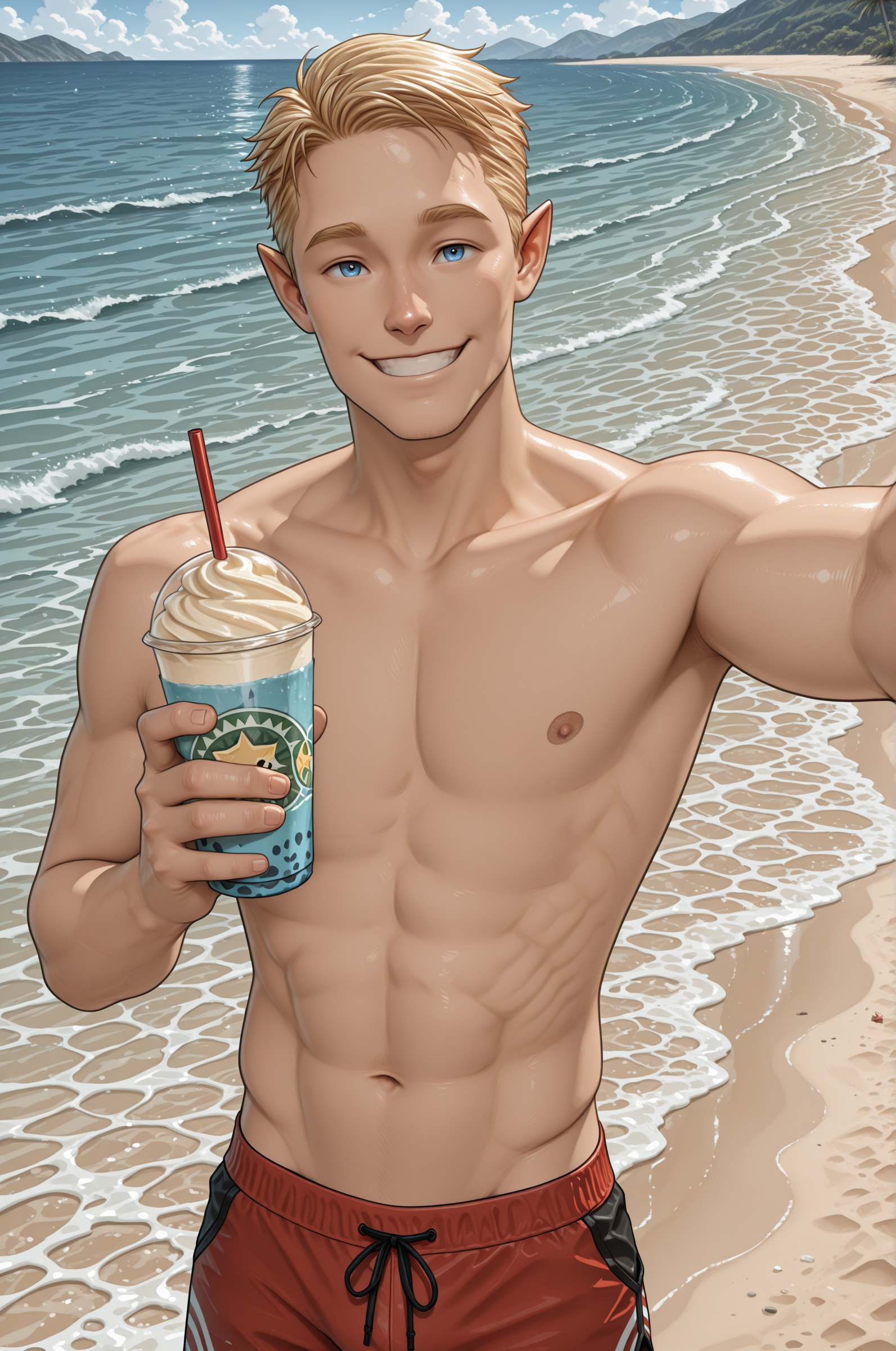 <lora:TyDecoy:1> 1boy, tydecoy, elf male, muscular, blonde hair, blue eyes, pointy ears,
smile, swiming shorts, arm out selfie,  (holding smoothie:1.2),
beach, ocean, sunny,, masterpiece,best quality,amazing quality,newest, absurdres, highres, detailed eyes, beautiful, perfect eyes, finely detailed face, very aesthetic,