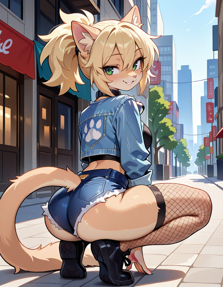 masterpiece, best quality, very aesthetic, absurdres,
outdoors, city, street, 
fishnet thighhighs, denim shorts, crop top, denim jacket, 
posing, looking back, 
full body, seductive smile, parted lips, long eyelashes,
<lora:Paige_v02_ILXL:1>,
Page,1girl,solo,furry female,cat girl,blonde hair,ponytail,cat ears,animal ear fluff,green eyes,animal nose,collar,neck bell,body fur,cat tail,
