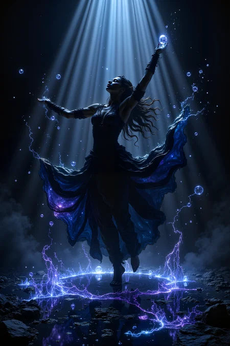 R3alisticF,An umbral dancer performing on a stage of polished onyx. Her movements leave mirror-like tears in reality. Each reflection shows a different aspect of darkness. Fantastic lighting. Detailed shadows.intricate details, vivid colors, hyper-detailed, ultra-sharp<lora:FluxMythR3alisticF>