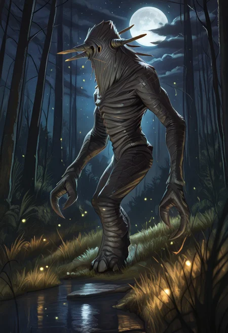 masterpiece,best quality,amazing quality,very aesthetic,absurdres,newest, huge filesize, absurd res, 
pascaH, no face, monster, grey skin, wrinkly body, horns, full body, side view, claws, forest, nighttime, stars, moon, trees, clouds, grass, fireflies, beautiful, glowing, scenery,