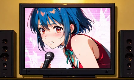 [generated by waiNSFW_v120:100]
idol, anime coloring, idol costume, 4K, BREAK
 <lora:scrg-IL_v3:1.2> scrg, on screen, BREAK
scrsx,
sing idol, having mic,
hyper ejection,  
speaker,
 torogao,
censored,
beautiful face, best quality,