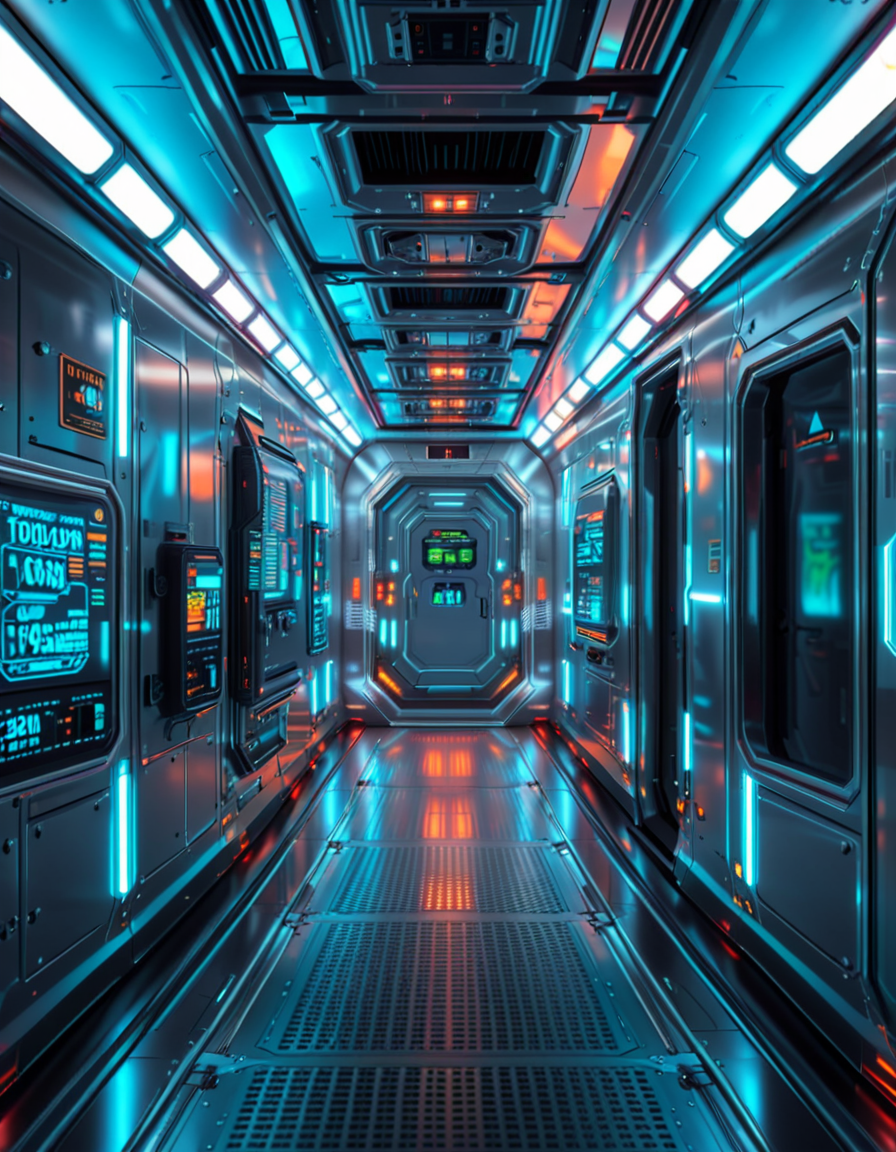 A highly detailed futuristic spaceship corridor, illuminated by soft neon blue and purple lights. The walls are made of sleek metallic panels, with glowing circuits and holographic displays integrated into the design. The floor is reflective and polished, with a faint grid pattern that emits a subtle white glow. Pipes and cables run along the ceiling, interspersed with small ventilation grids and blinking lights. The corridor stretches into the distance, creating a sense of depth, with a slight curve that hints at the massive scale of the spacecraft. The atmosphere feels clean, modern, and slightly sterile, with a sci-fi aesthetic inspired by movies like Blade Runner and Star Wars. The overall lighting is ambient and slightly dim, accentuating the futuristic ambiance. No characters or people are present, focusing entirely on the corridor's architecture and design.<lora:SDXLFaeTastic2400:0.4> <lora:extremely_detailed:0.4> extremely detailed, <lora:futuristic_spaceship_c0rr1d0r:1>,futuristic spaceship c0rr1d0r, Masterpiece,best quality,hi res,8k,hi res,8k,award winning,(sharp focus, intricate, highly detailed),