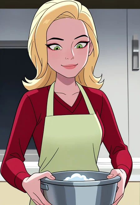 masterpiece, best quality, amazing quality, very aesthetic, absurdres, newest, ((screencap, parody, cartoon))
sandraten, blonde hair, 1girl, green eyes, lips, red shirt, long sleeves, makeup, v-neck
apron, washing dishes, looking at viewer, smile, looking down,