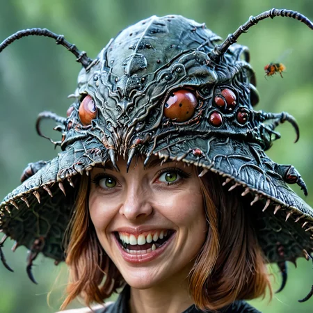 monsterworld, masterpiece,high resolution,detail,
1woman,solo, open mouth, smile, portrait, :d, looking at viewer,insect hat
<lora:monster_world-xl-10:0.8>