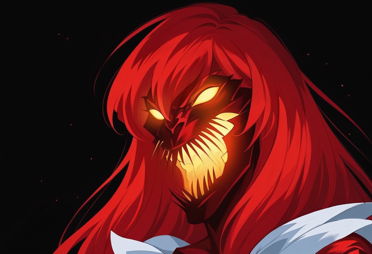 score_9, score_8_up, score_7_up, Expressiveh, ((5 fingers)), masterpiece, best quality, highly detailed, realistic, (zPDXL3), 1girl, solo, (MiseryMV, monster girl, symbiote, red body, white body, two tone body, red hair, long hair, yellow sclera, no pupils, yellow mouth) face only, close-up, smile, open mouth, looking at viewer, black background, simple background, uncensored