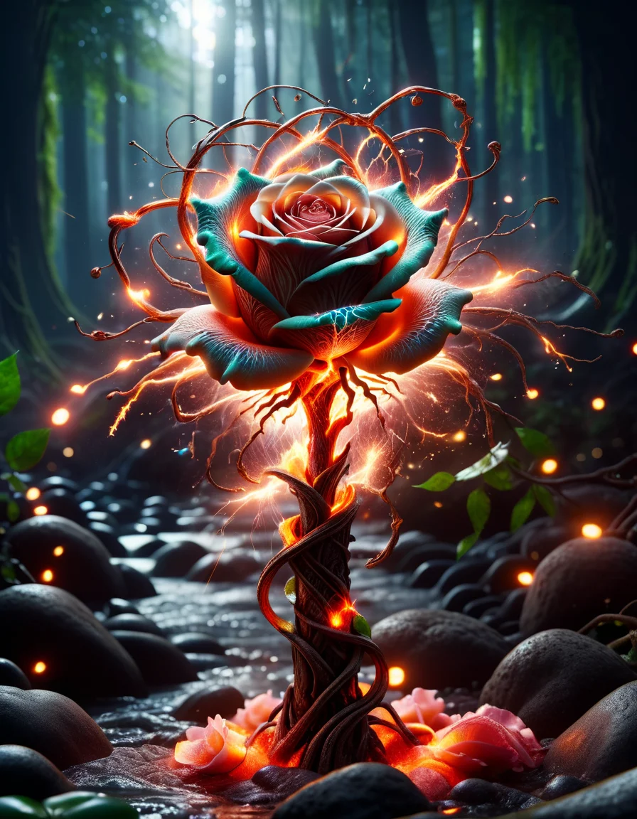 Award-winning photography of a beautiful, holding a lava rose in hand, exploding magic, hyper realistic, intricate details, colorful, sparkles, shining, ultra sharp, realism, lightning strikes, made of ral-mythfrst <lora:ral-mytfrst:1>