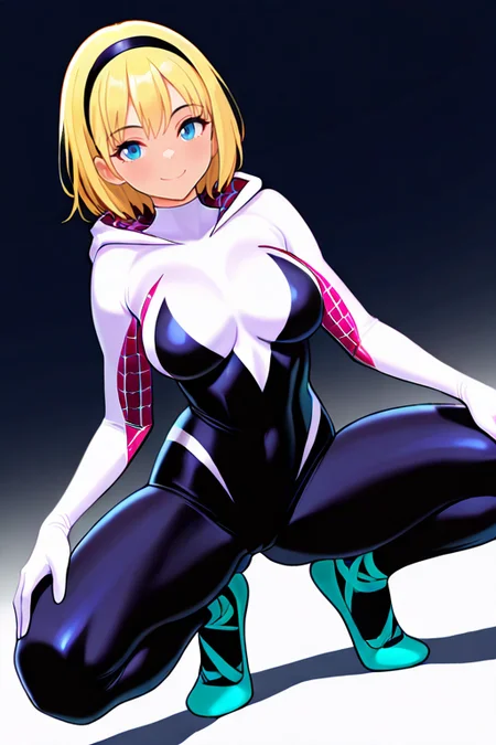 masterpiece, High quality, Ultra detailed, 2d, newest, absurdres, highres, BREAK
1girl, solo, superhero, <lora:Spider_Gwen:0.8>, ghost_spider_(spider-verse), short hair, blonde hair, hairband, blue eyes,  
large breasts, GwenDef, bodysuit, hooded bodysuit, spider web print, skin tight, ballet slippers, 
standing, full body, smile, spread legs, squatting, looking at viewer,