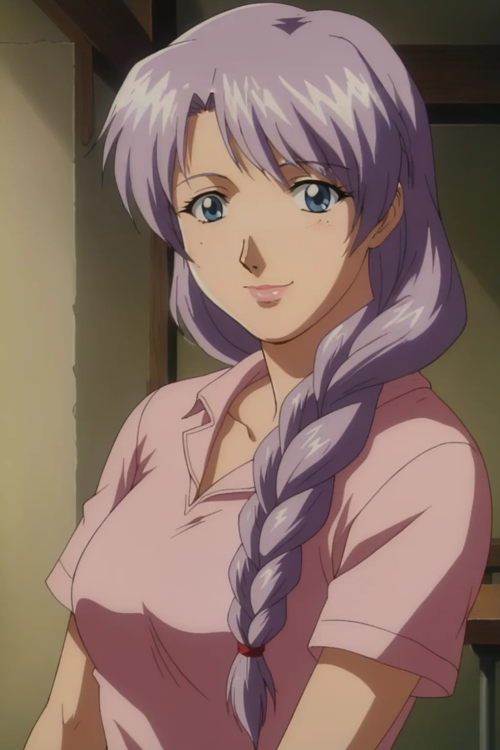 score_9, best, masterpiece, uncensored,
indoors,
1girl, solo, smile, 1990s (style), retro artstyle,
DWKojiYukiKimoto, braid,
purple hair, pink shirt,
pink lips,
<lora:DWKojiYukiKimoto_V3:0.8>​​​