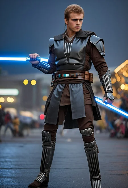 Anakin Skywalker, 18-years old, ((full-body)), blonde hair, bracers armor, ((cyber armor)), jedi armor,holding a light saber, wide shot, (((full body)), street, Breathtaking, 8k resolution, extremely detailed, beautiful, establishing shot, artistic, hyperrealistic, ultra realistic render, extremely fine details, like-like render, cinematic lighting, dramatic volumetric lighting, masterpiece, light brazen, extremely detailed and beautiful face, 150mm, HDR10 <lora:Wowifier:0.69> <lora:Details:0.85>, starwars, in heavy raining futuristic  rooftop cyberpunk night, sci-fi, fantasy, intricate, very very beautiful, elegant, neon light, highly detailed, concept art, soft light, hdri, smooth, sharp focus