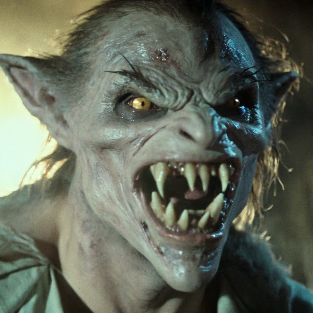 Horror-themed,  <lora:Fright Night 1985 Film Style:1>
Cinematic Closeup Shot Film Footage captured by Panavision Cameras and Lenses, vampire Werewolf creature a creepy looking creature with a big grin and creepy teeth, staring at camera, with very dim light shadow light on, Fright Night 1985 Film Style, Eerie, unsettling, dark, spooky, suspenseful, grim, highly detailed